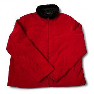 Red Floral Quilted Embroidered Black Faux Fur Zippered Koret Jacket